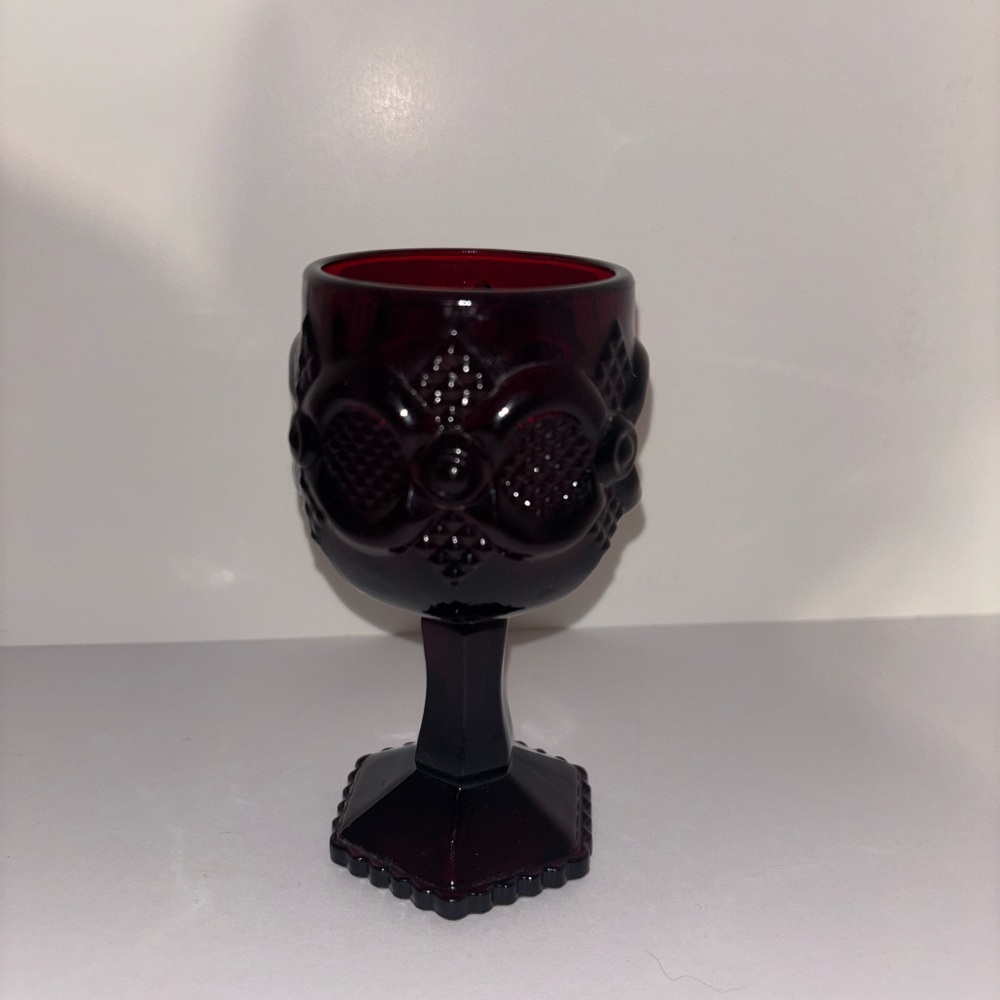 1876 Avon Ruby Red Cape Cod Pressed Glass Wine Goblets (Set of 2)